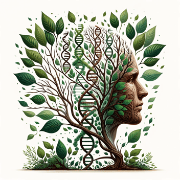 Head with roots growing around it and dna helix