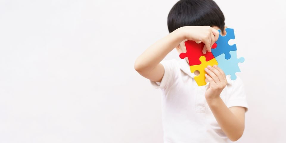 Boy holding puzzle pieces